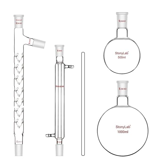 stonylab Distillation Apparatus, 13 Pcs Borosilicate Glass Kit, 500.0/1000.0 mL, Round Bottom, Premium Lab Glassware for Extraction & Separation