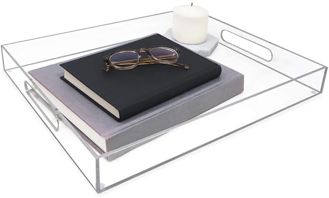 Isaac Jacobs Clear Acrylic Serving Tray (16x20) with Cutout Handles, Spill-Proof, Stackable Organizer, Space-Saver, Food & Drinks Server, Indoors/Outdoors, Lucite Storage Décor & More