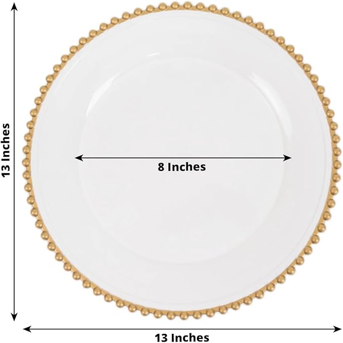 13" Charger Plates - Set of 12 - White/Gold Round Acrylic Disposable Chargers with Beaded Rim, Ideal for Dinner Party Wedding Bulk Events