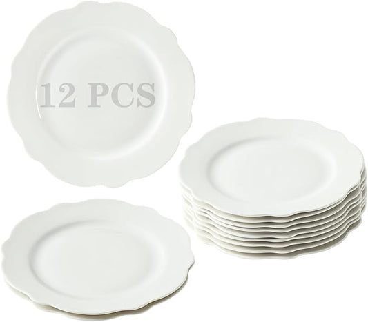 7.5 Inch Porcelain Small Dinner Plates Set of 12, White Leave Wave Rim Appetizer Plates, Dessert Salad Plates, Ceramic Serving Dishes for Cake, Snack, Ice Cream, Waffles, Microwave, Dishwasher Safe