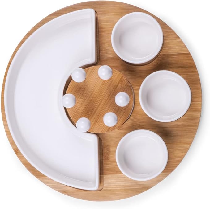 PICNIC TIME NFL Symphony Appetizer Serving Tray Set, Party Platter Set, Appetizer Plate, (Bamboo & White Ceramic)