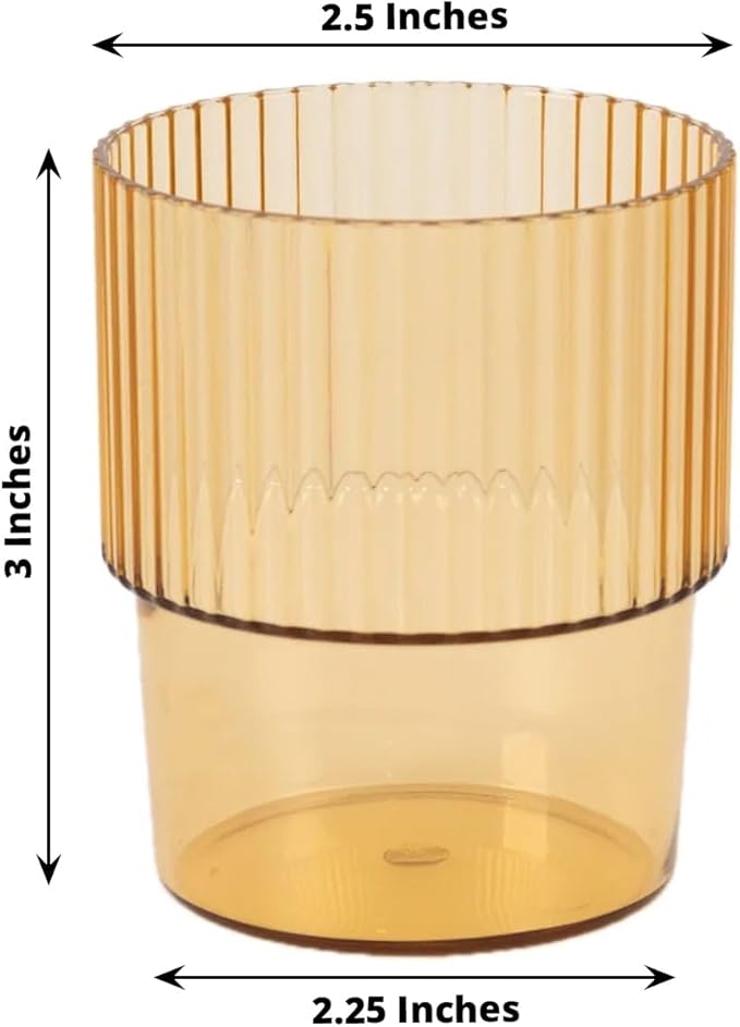 TCF Linen 12 Pack Amber Gold Plastic Tumblers, 7oz Stackable Ribbed Reusable Shatterproof Short Drinking Glasses, Elegant Origami Design for Weddings Parties Catering Cocktails