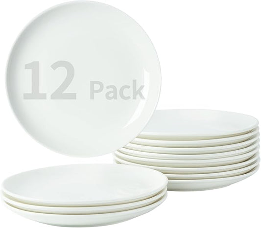 TAMAYKIM 7 Inch Porcelain Dessert Plates, Appetizer Plates 12 Pcs, Small Dinner Plate, Round Dinnerware Sets, Scratch Resistant, Microwave, Oven and Dishwasher Safe, White