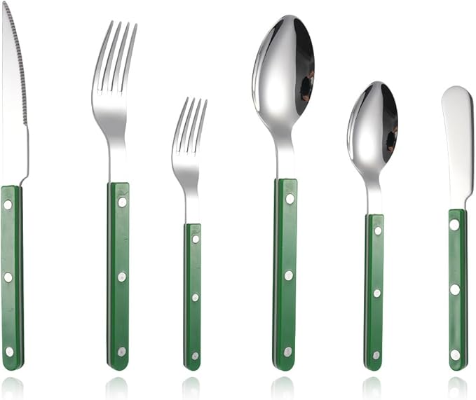 6-Piece Stainless Steel Silverware Cutlery Set - Color Handle with Rivet/Retro Style Sabre Flatware - Includes Dinner Knife; Dinner Fork; Salad Fork; Soup Spoon; Teaspoon; Spreader (Green)