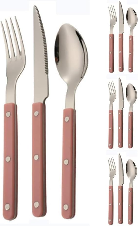ABS Rivet Handle Marble Pattern Handle Kitchen Stainless Steel Silverware Tableware Flatware Cutlery Knives Forks Spoons Set,Butter Knife Dessert Spoon Fork (Pink,12 pieces)