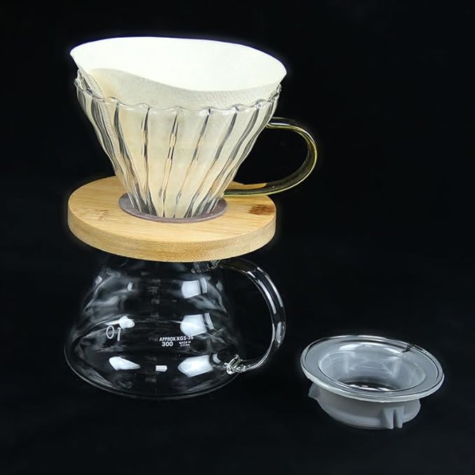 Transparent Glass Coffee Dripper Coffee Filter Holder Coffee Filter Cone with Wooden Pad Coffee Funnel,Coffee Filter Holder with Handle