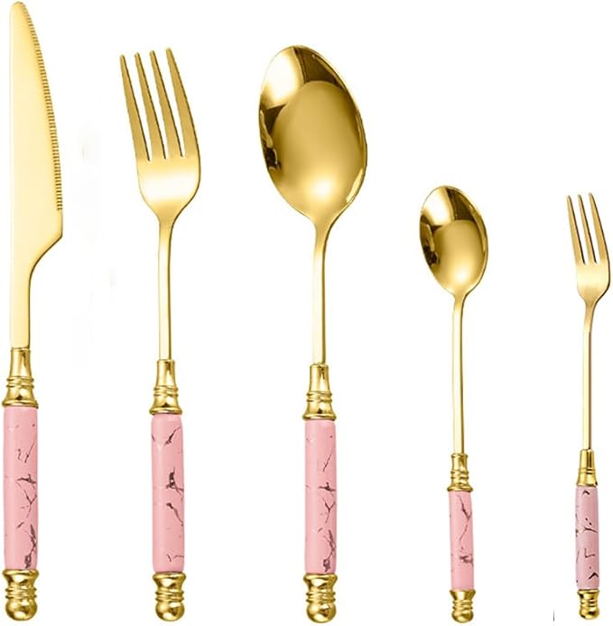 Premium Stainless Steel Silverware Set with Ceramic Handles, 5 Piece Knife, Fork, and Spoon Set with Marble Accents, Elegant Kitchen Utensils Set (Pink (set of 5))