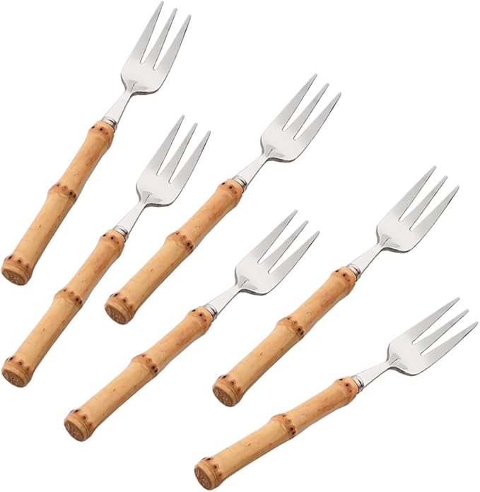 6-Piece Bamboo Silverware Set, Stainless Steel Flatware Hostess Serving Set Bamboo Utensils Tableware Set for Home Camping Travel Hotel - 6pcs 3-tined Cake Fork