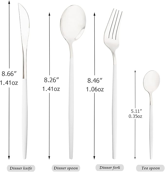 Mirror Cutlery Serving Set, 24-piece 18/0 Stainless Steel Silverware With White Handle Simple & Modern Tableware For Home Party Restaurant Christmas Dinner, Service For 6 (White Silver)