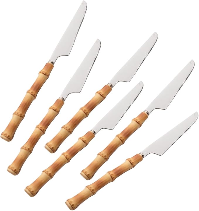 6-Piece Bamboo Silverware Set, Stainless Steel Flatware Hostess Serving Set Bamboo Utensils Tableware Set for Home Camping Travel Hotel - 6pcs Dinner Knife