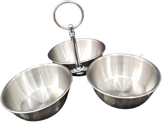 Snack Serving Bowl Divided Serving Tray Chip Dips Serving 3 Section Snack Stand with Bowls for Candy Dessert Fruit Sauce Dips, Silver