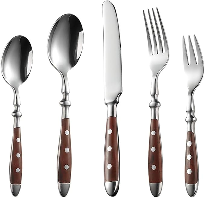 30-piece wooden handle silverware set for 6, premium stainless steel flatware set, retro brown utensils cutlery set, mirror finished forks spoons and knives set, dishwasher Safe