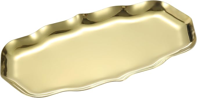 uxcell Stainless Steel Decorative Tray 8.6" x 4.3" Wave Serving Tray Suitable for Jewelry Coffee Table Bar Kitchen Countertop Bathroom Tableware, Gold