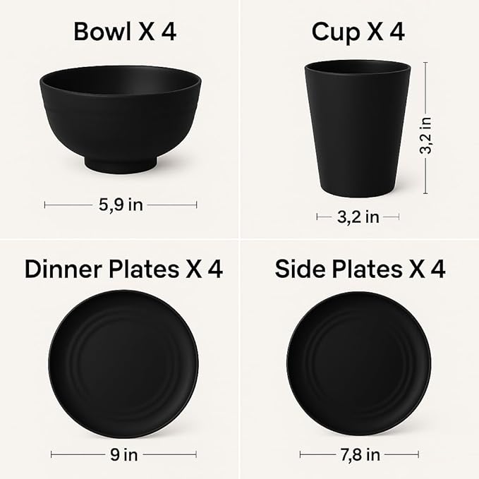 16 PCS Wheat Straw Dinnerware Set, Unbreakable Plates Bowls Cups for 4, Lightweight Microwave & Dishwasher Safe Tableware, Reusable Kitchen Set for Camping, Picnic, RV, Family Use (Black)