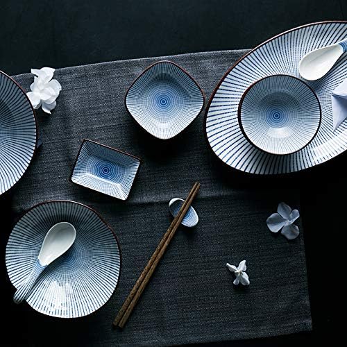Colias Wing 3.5" Simple Blue Stripes with Brown Edge Stylish Design Multipurpose Porcelain Side Dish Bowl Seasoning Dishes Soy Dipping Sauce Dishes-Set of 4-White-Rectangle