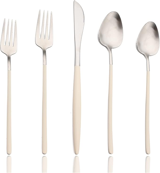 JASHII Slim Handle Silverware Set 20 Pieces, 304 Stainless Steel Colorful Flatware Set, Titanium Plating Cutlery Set, Utensil Sets for Home Dinner Service for 4, Dishwasher Safe - Beige&Silver