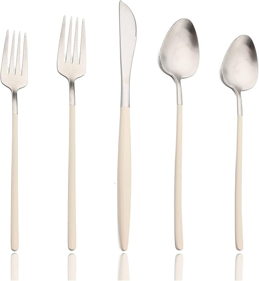 JASHII Slim Handle Silverware Set 20 Pieces, 304 Stainless Steel Colorful Flatware Set, Titanium Plating Cutlery Set, Utensil Sets for Home Dinner Service for 4, Dishwasher Safe - Beige&Silver