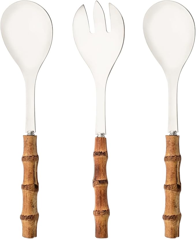 Natural Bamboo Handle Serving Utensils, Serving Spoon and Fork Set, Salad Servers Include 2 Large Serving Spoons and 1 Serving Fork, Stainless Steel Cutlery Set for Home/Party/Buffet, Silver