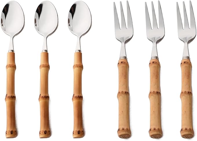Gugrida Flatware Silverware Serving Set Silver Stainless Steel Hostess Serving Utensil Set with Bamboo Handle Dishwasher Safe, 3 Cake Fork 3 Teaspoon