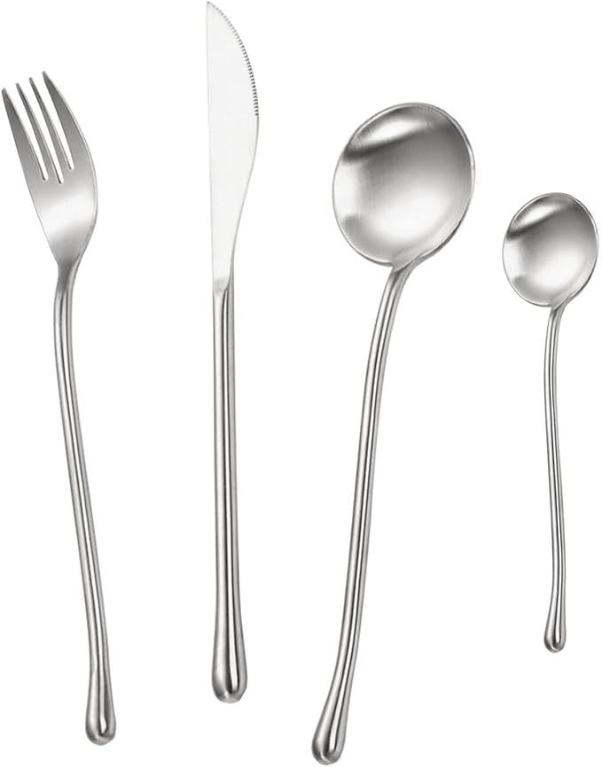 JASHII 304 Flatware Set Matte Silver Silverware Set Satin Finished 18/8 Stainless Steel Cutlery Set with Round Handle 24 Piece Wedding Housewarming Gift Service for 6