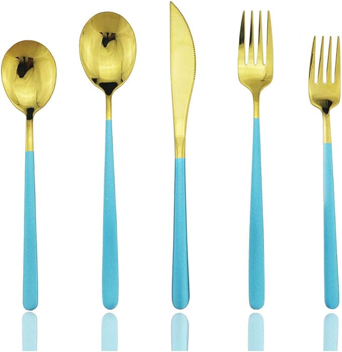 JASHII 20-Piece Silverware Set with Serving Utensils, SUS304 Stainless Steel Flatware Cutlery Set for 4, Eating Utensil Tableware Sets, Mirror Finish(Blue gold)