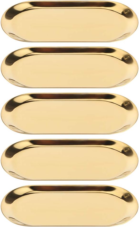 7in Stainless Steel Decorative Tray, Set of 5 Makeup Jewelry Dish Cosmetics Organizer MakeupBathroom Clutter Serving Platter Storage Tray, Oval (Golden)