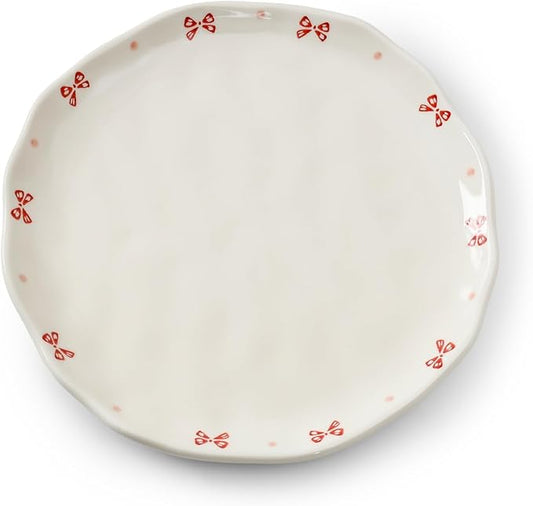 Koythin Floral Ceramic Dinner Plates, 8" Microwave Safe Dishes for Pasta, Modern Rustic Appetizer Plate for Salad Fruits Dessert Cake (Pink Bow)