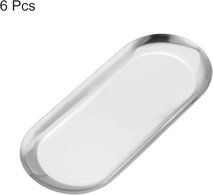 uxcell 6pcs Stainless Steel Decorative Trays, Bathroom Trays, Makeup Cosmetic Trays, Small Serving Trays for Candles Dessert Tray(Silver, 9 x 3.5 Inch)