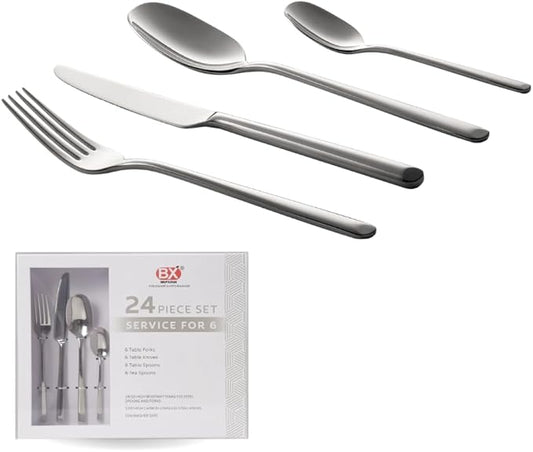 BX Luxe 24-Piece Stainless Steel Flatware Set, 18/10, Mirror Finish, Dishwasher Safe, Premium Gift Boxed, Forks, Spoons, Knives (24 Pieces - 6 persons)