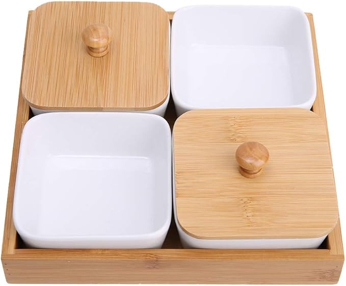 Ceramic Appetizer Serving Plate with Bamboo Tray, Ideal for Fruits, Nuts, Desserts, Modern Design(4 Compartment-9cm)