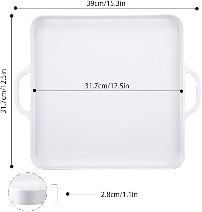 i BKGOO Foodservice White Plastic Tray with Handle Set of 2 Large Melamine Cube Serving Platters for Parties, Table, Kitchen Size(12.5"x12.5"x1")