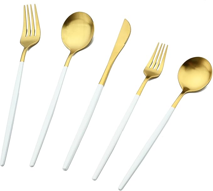 30-piece White and Gold Silverware Set with Steak Knives for 6, 18/0 Stainless Steel Flatware Cutlery Set, Hand Wash Recommended,Matte Finished