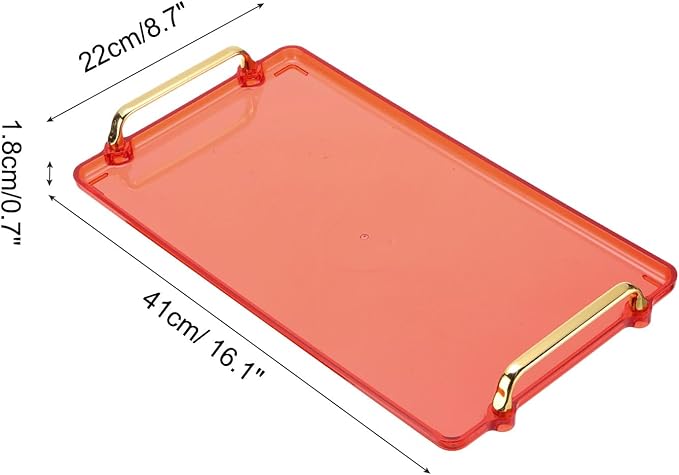 PATIKIL 16.1 x 8.7 Inches Plastic Serving Tray with Golden Handles, Reusable Tray Rectangular Party Platters for Dessert Coffee Tea Table, Living Room Kitchen Countertop, Red
