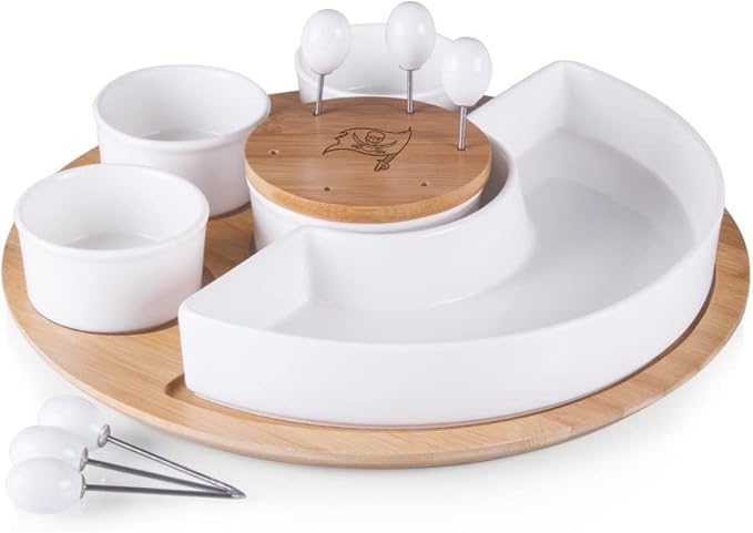 PICNIC TIME NFL Symphony Appetizer Serving Tray Set, Party Platter Set, Appetizer Plate, (Bamboo & White Ceramic)