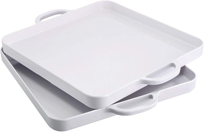 i BKGOO Foodservice White Plastic Tray with Handle Set of 2 Large Melamine Cube Serving Platters for Parties, Table, Kitchen Size(12.5"x12.5"x1")
