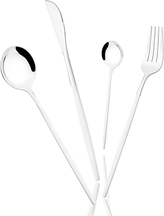 32 pcs Splicing Color handle Cutlery Set, Mirror Silver 18/0 Stainless Steel Flatware Set For 8, Metal Tableware Kitchen Utensils Include Dinner Knife/Fork/Spoon/Teaspoon, White Silver