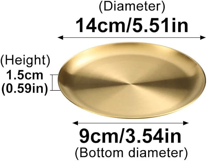 Stainless Steel Food Trays, Round Flat Dish Bread Pastry Baking Pan, Tea and Bar Serving Tray Party Cake Dessert Plate, Gold,S(14x9x1.5cm)