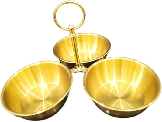 Snack Serving Bowl Divided Serving Tray Chip Dips Serving 3 Section Snack Stand with Bowls for Candy Dessert Fruit Sauce Dips, Gold