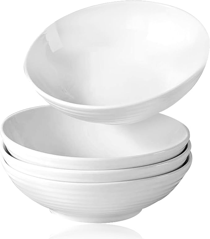 33 oz Ceramic Pasta Bowls, 7" White Pasta Plates, Large Serving Bowls Set of 4, Wide & Shallow, for Serving Salad, Soup, Noodle, Cereal, Microwave & Dishwasher Safe
