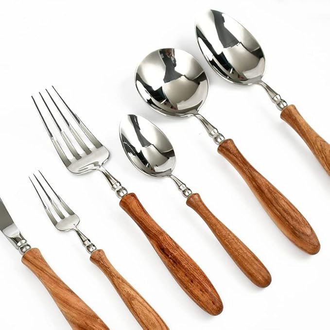 Soup Spoons, 4 pieces 18/8 Stainless Steel Round Spoon with Wood Handle, Flatware Silverware Eating Utensils for Home Kitchen and Restaurant, Mirror Polish, 7.28-Inch