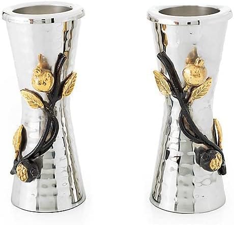 Yair Emanuel Shabbat Candle Holders for 1.5 Tea-Light Candles - Pomegranate Branch Accent Decor - Jewish Judaica Gift (5 Inch CSW-1)