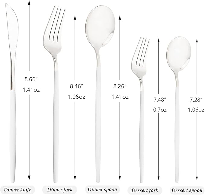 30-Piece Snplowum Mirror Flatware Serving Set, 18/0 Stainless Steel Dinnerware With White Handle, Modern Durable Home Kitchen Eating Tableware Set Service For 6 (White Silver)