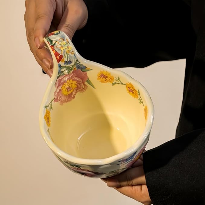 16.91oz/500ml Handpainted Soup Bowl with Handle,Ceramic Cereal Bowl Microwave &Dishwasher Safe,Loop Handle Bowl Great for Soup,Yogurt,Snack,Chip,Stew,Ice Cream,Coffee (Peony)