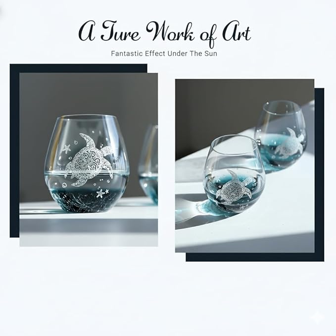 Sea Turtle Wine Glasses Set 2 - 13.3oz Crackle Teal Design, Hand blown Tortoise Wine Tumbler,Sea Turtle Gifts for Women, Birthday/Housewarming/Christmas Gifts for Seaturtle Lovers(2Count, White)