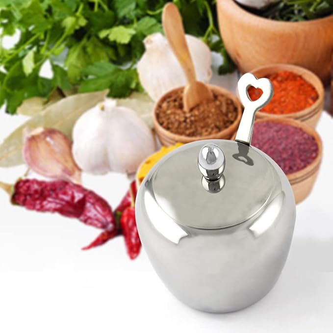 LIZEALUCKY Kitchen Sugar Bowl, 304 Stainless Steel Sugar Bowl with Spoon Home Kitchen Salt Pepper Spice Bowl Spice Drum Small Condiment Container
