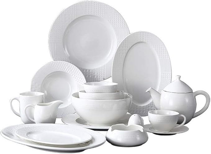 Dinner Plates,Pottery Tableware,48 Pieces Dinnerware Sets, White Ceramics Dinner Sets, Complete Porcelain Combination with Plates, Bowls, Mugs, Coffee Cups and Tea Pot, Microwave S