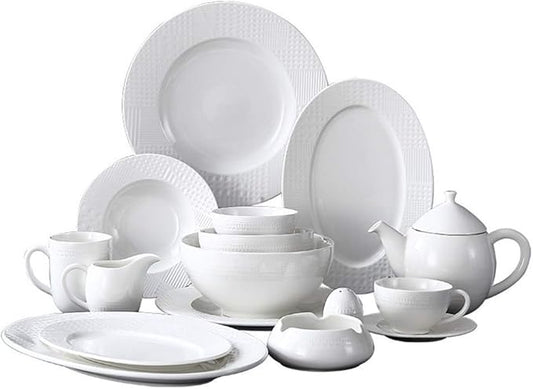Dinner Plates,Pottery Tableware,48 Pieces Dinnerware Sets,White Ceramics Dinner Sets,Complete Porcelain Combination with Plates,Bowls,Mugs,Coffee Cups and Tea Pot,Microwave S