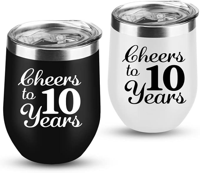 10th Anniversary Wedding Gifts for Couple Wife Husband Gifts for Tin Wedding Ten Years Anniversary Decorations 10 Years Marriage Gifts for Couple 2 Pack Wine Tumbler 12 OZ