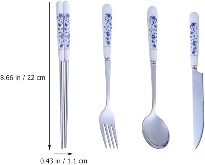 Luxshiny Blue and White Porcelain Flatware Set – Stainless Steel Fork, Spoon, Knife, and Chopsticks – Household Flatware Serving Kit for Home Dining and Party Use, 4pcs Tableware Set