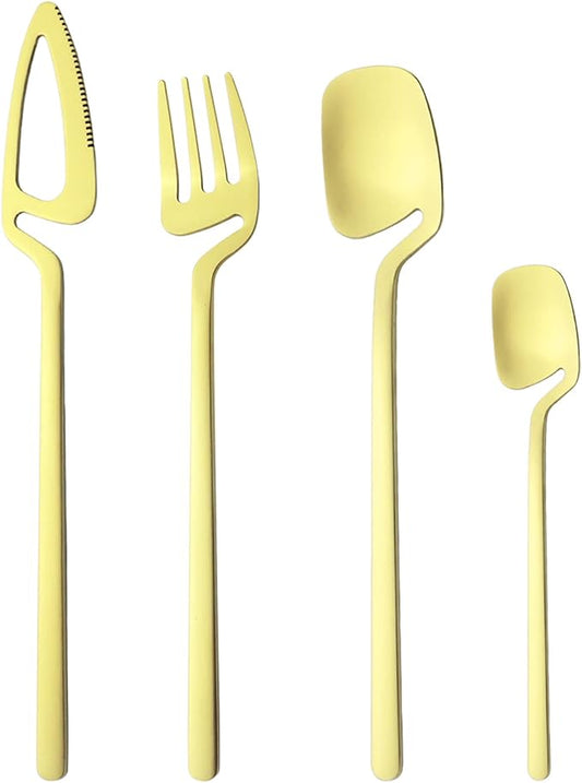 24-Pieces Hangable & Cute 18/10 Stainless Steel Flatware Set, Matte Cutlery Set Kitchen Dinnerware Include Knife/Fork/Spoon/Teaspoon Service for 6, Champagne Gold